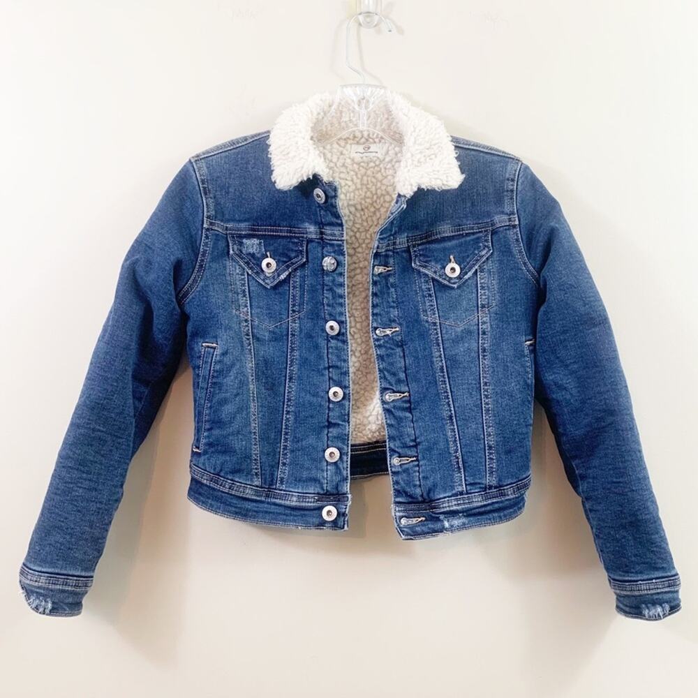 AG Adriano Goldschmied Kids Sherpa Denim Flower Embroidered Distressed Jacket